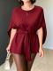 Womens Fashionable Defined-Waist Batwing-Sleeve Lace-Up Slimming Commuter Top