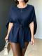 Womens Fashionable Defined-Waist Batwing-Sleeve Lace-Up Slimming Commuter Top