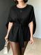 Womens Fashionable Defined-Waist Batwing-Sleeve Lace-Up Slimming Commuter Top
