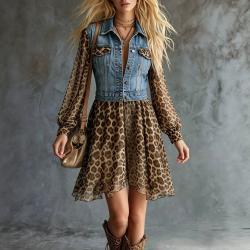 Chic Denim-look Chiffon Printed Patchwork Dress