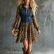 Chic Denim-look Chiffon Printed Patchwork Dress