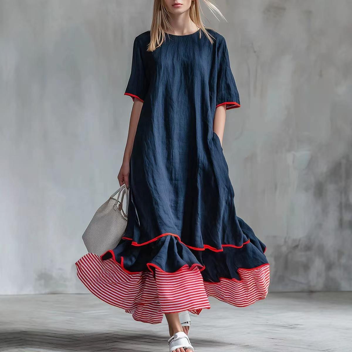New Womens Linen Contrast-striped Dress