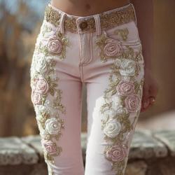 Womens Retro Pink Rose Embroidered Artistic Printed Jeans Elegant