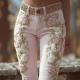 Womens Retro Pink Rose Embroidered Artistic Printed Jeans Elegant