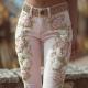Womens Retro Pink Rose Embroidered Artistic Printed Jeans Elegant