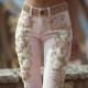 Womens Retro Pink Rose Embroidered Artistic Printed Jeans Elegant