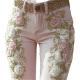 Womens Retro Pink Rose Embroidered Artistic Printed Jeans Elegant