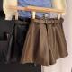 Black PU Leather Shorts A-line Wide-leg Pants