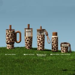 Leopard-print Insulated Mug Large-capacity Straw Water Bottle