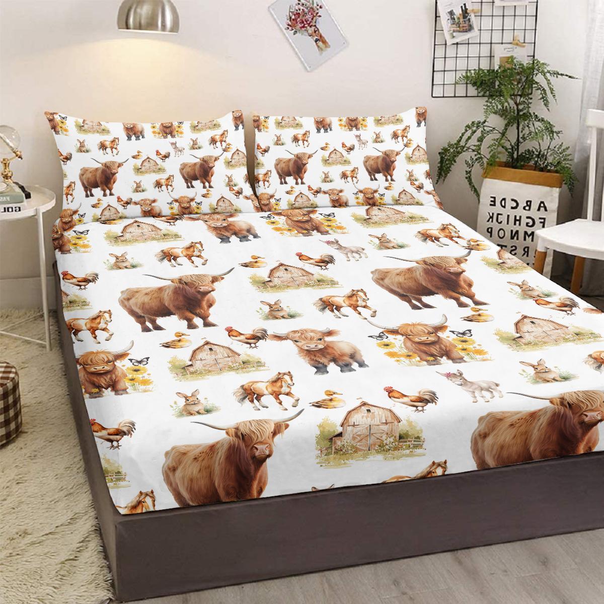 3pcs Little Cow And Duck Pet Theme Childrens Fun Style Minimalist Comfort Series Bed Sheet And Two Pillowcases Bedding For All Seasons Use