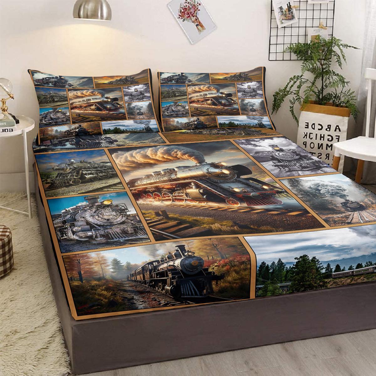 Train Fitted Sheet, Vintage Steam Train Bedding Set For Boys Men, Transportation Vehicle Bed Set 3Pcs Bedroom Decor No Flat Sheet