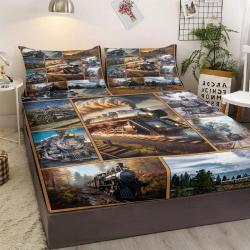 Train Fitted Sheet, Vintage Steam Train Bedding Set For Boys Men, Transportation Vehicle Bed Set 3Pcs Bedroom Decor No Flat Sheet