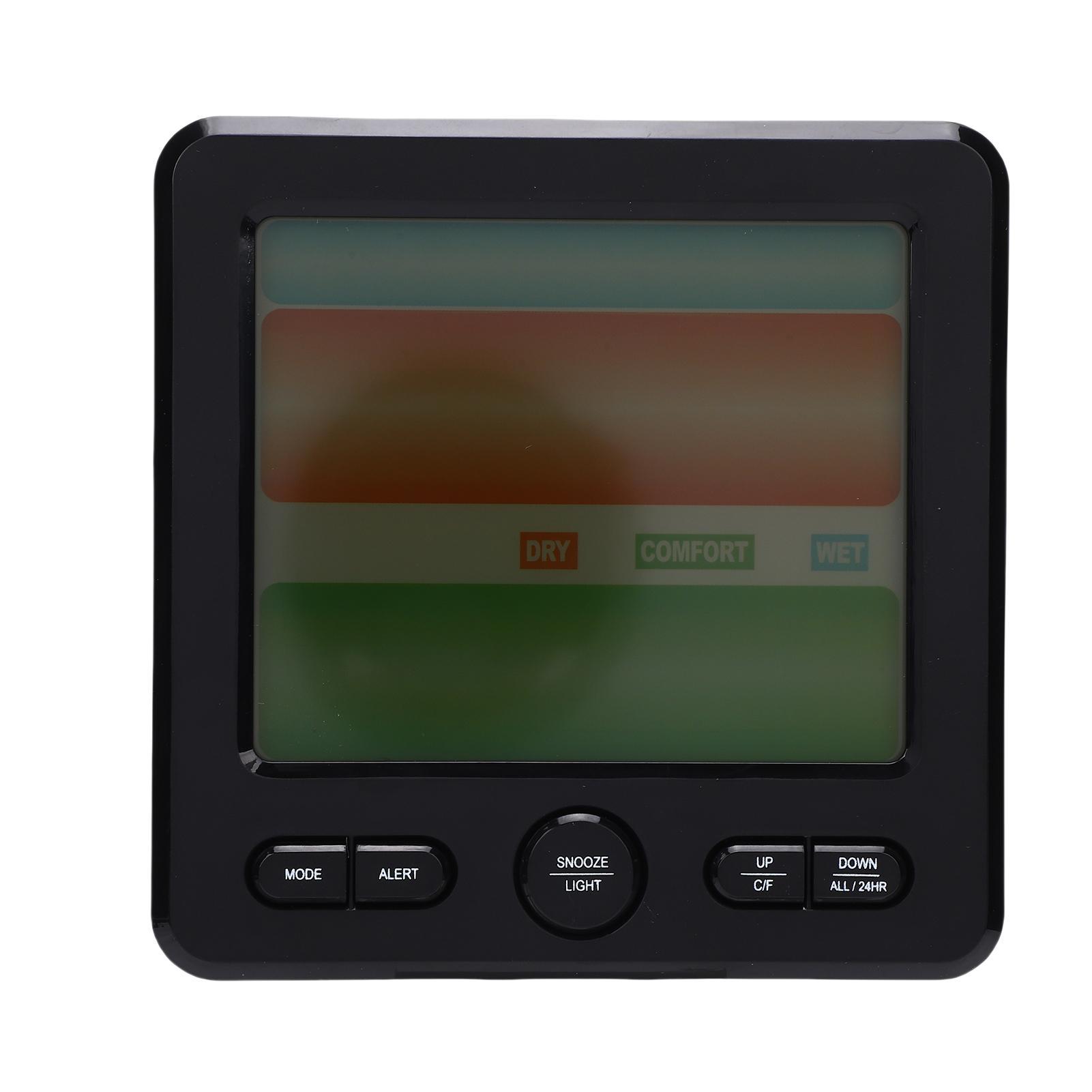 Digital Indoor Temperature And Humidity Timer, Featuring Functions Such As Displaying Time, Date, Day Of The Week, Backlighting, As Well As Recording The Highest And Lowest Temperatures. Black Model.