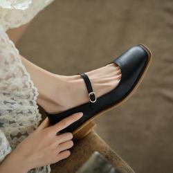 Thick-heeled Womens Singles Shoes With Mid-heel Comfortable Square Toe French Retro Flat-heeled Small Leather Shoes
