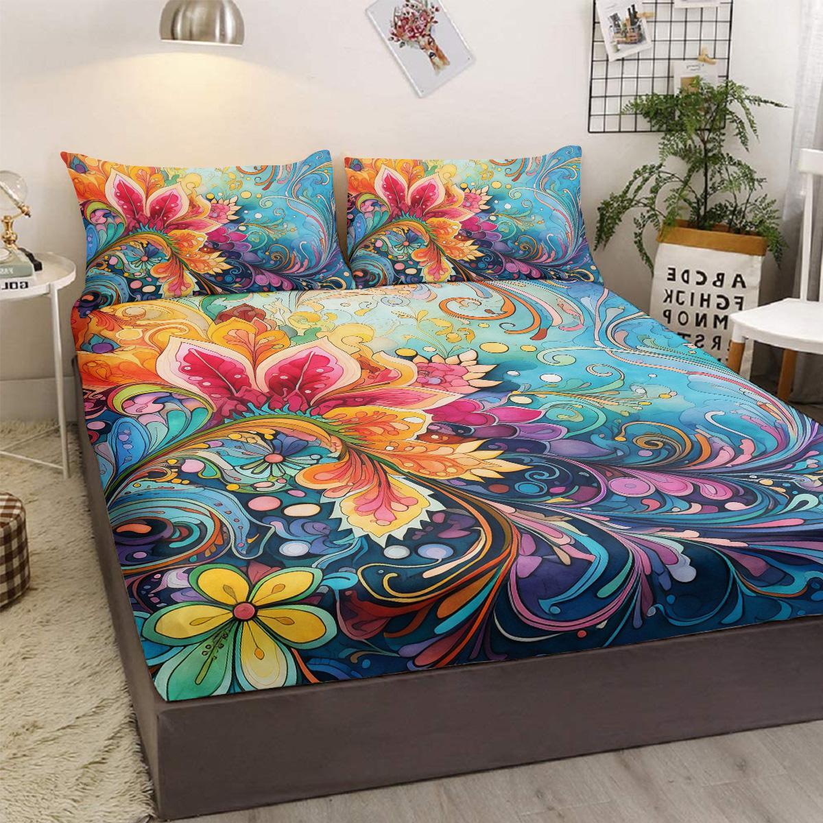 Bedding Fitted Sheet With Deep Pocket Mattress Cover Sheets,Colorful Flowers Printed Fabric Bed Sheets