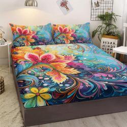 Bedding Fitted Sheet With Deep Pocket Mattress Cover Sheets,Colorful Flowers Printed Fabric Bed Sheets