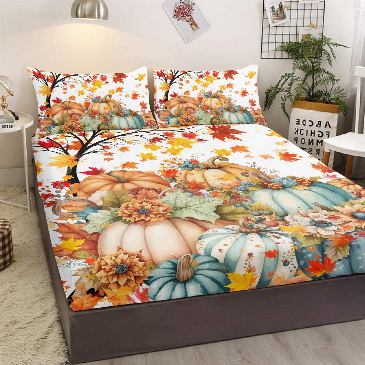 3PCS Pumpkin Flower Printed Bed Fitted Sheet Set, Halloween Bedding Set,1 Fitted Sheet, 2 Pillow Cases