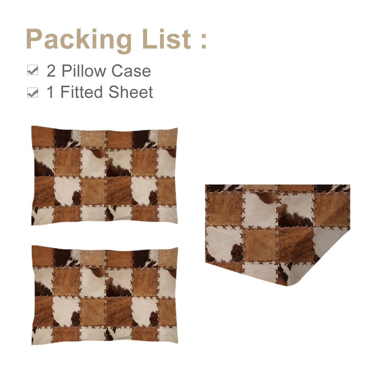 3PCS Bed Fitted Sheet Set, Simulated Stitched Leather Printed Fitted Sheet, Brown,1 Fitted Sheet, 2 Pillow Cases