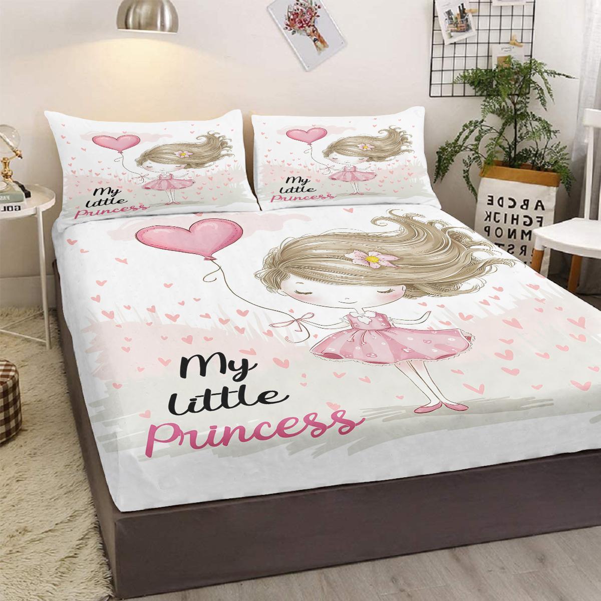 3PCS Girly Bed Fitted Sheet Set, My Little Princess, 1 Fitted Sheet, 2 Pillow Cases