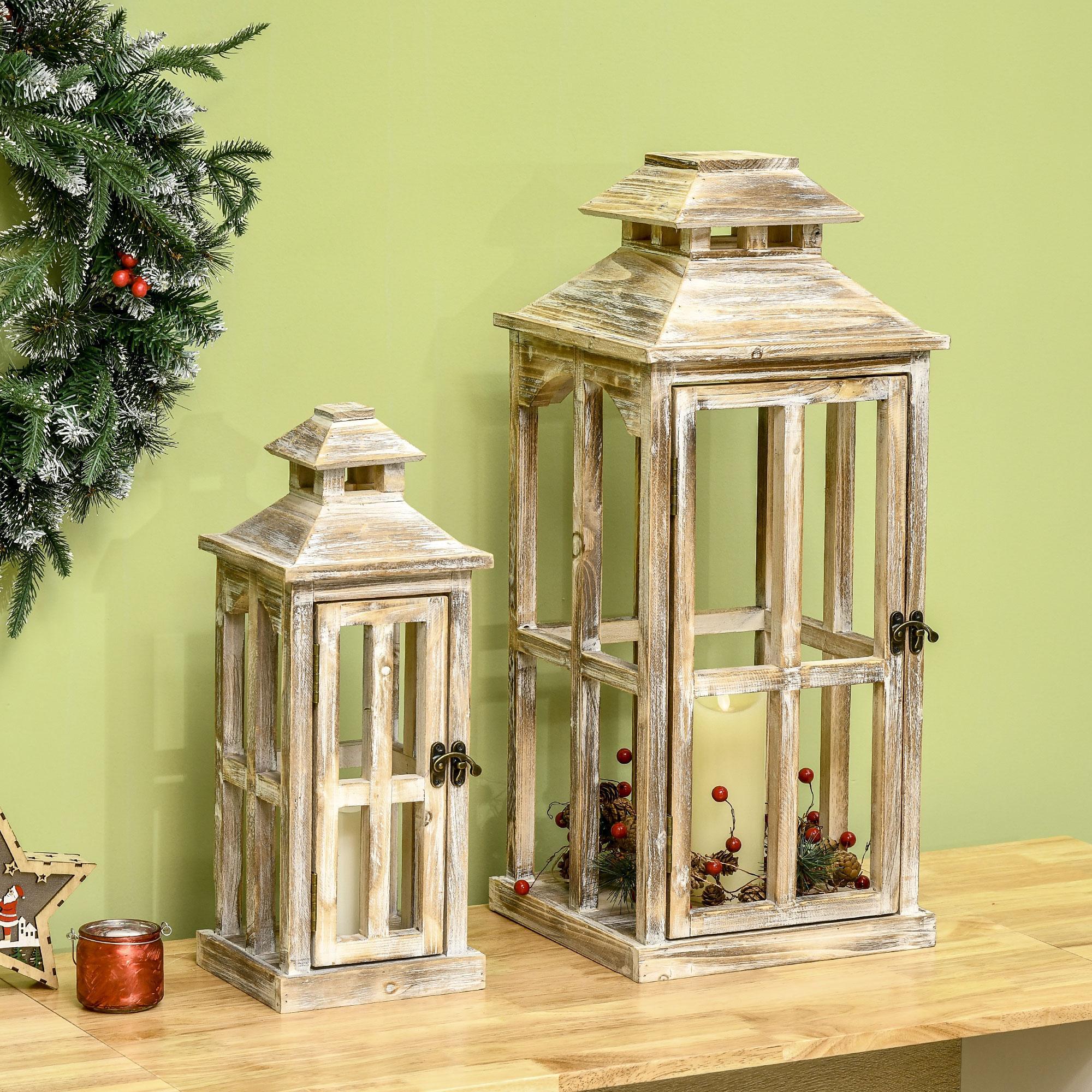  2 Pack 28"/20" Large Rustic Wooden Lantern Decorative, Indoor/Outdoor Lantern for Home Décor (No Glass), Natural