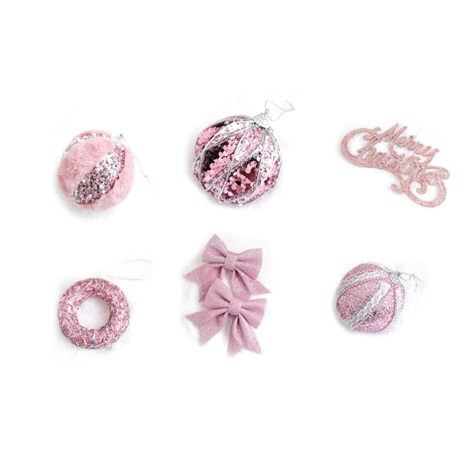 6Pcs Xmas Tree Decoration Sequin Plush Bow Ball Donut Letter Sign Tree Decor Set Pink Color