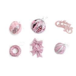 6Pcs Xmas Tree Decoration Sequin Plush Bow Ball Donut Letter Sign Tree Decor Set Pink Color