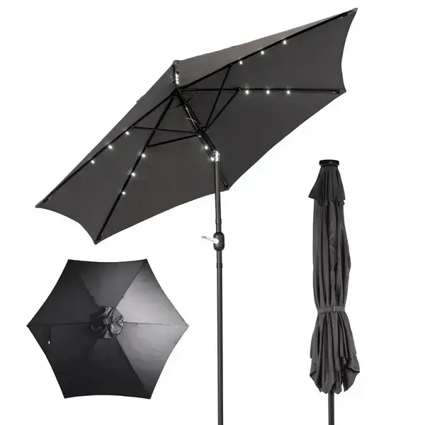 9ft Solar LED Patio Umbrella With Push Button Tilt & Crank, 6 Ribs Waterproof Polyester Outdoor Market Table Umbrella For Garden Backyard Pool, Gray