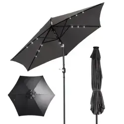 9ft Solar LED Patio Umbrella With Push Button Tilt & Crank, 6 Ribs Waterproof Polyester Outdoor Market Table Umbrella For Garden Backyard Pool, Gray