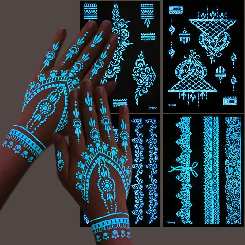 Glow In The Dark Henna Tattoo Stickers  Intricate Lace Hand & Arm Designs For Halloween Christmas Parties  Light Up Your Party