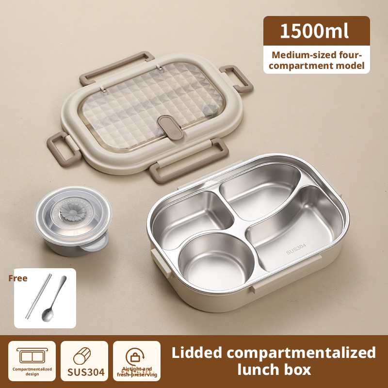 Diamond lunch box-1500ml four-grid model + tableware soup bowl-304 stainless steel-1 set - Option1