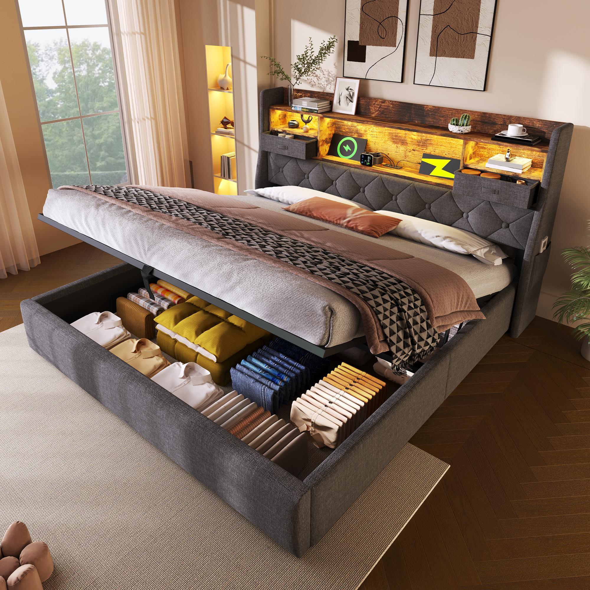 Upholstered Bed 4ft6 Hydraulic Bed With LED Lighting, USB Type-C Charging, Storage Headboard For Cellphones & Tablets, 135 X 190 Cm Double Bed With Metal Slatted Frame, Linen, Grey  No Mattress