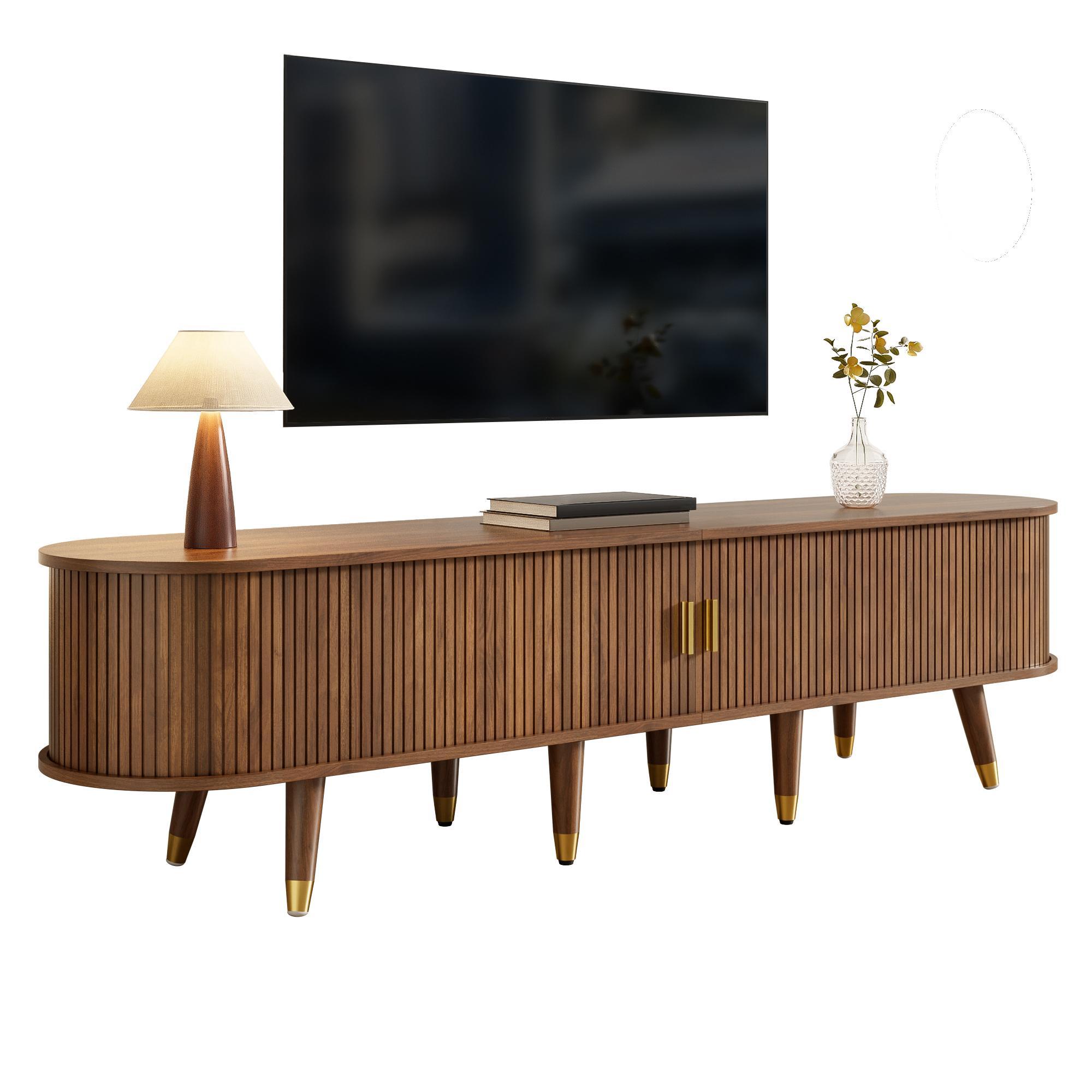 TV Cabinet 175 Cm With Sliding Door, Walnut Look & Large Storage  Country-Style TV Stand Made Of MDF With Open Shelves, Drawers & Cabinet  Natural Design