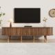 TV Cabinet 175 Cm With Sliding Door, Walnut Look & Large Storage  Country-Style TV Stand Made Of MDF With Open Shelves, Drawers & Cabinet  Natural Design