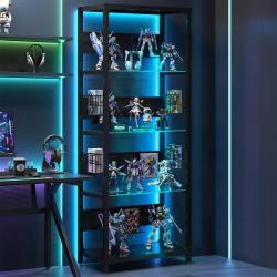 4-Tier Glass Display Shelf With RGB Lights, LED Lighted Curio Cabinet With Adjustable Storage Box & Hooks, Metal Frame Standing Shelf For Collectibles, Plants, Books, Living Room, Bedroom, Office