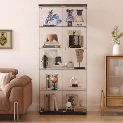 Glass Display Cabinet With 5-Shelf Double Doors And Lock, 5mm Tempered Glass Floor Standing Bookshelf For Living Room, Bedroom, Office, 72 X 32 X 14 In, Black