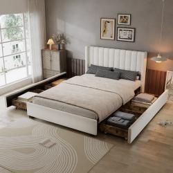 Upholstered Bed, 4ft6 Double Bed 135x190cm, Storage Bed, Soft Backrest, 4 Drawers With Pulleys, With Bed Slats, For Adults & Teenagers, Velvet, Beige
