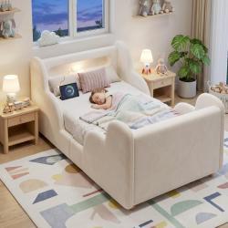 Toddler Bed 3ft Single  90 X 190cm  With LED Headboard Light, Upholstered Kids Bed With Safety Rails, Beige Childrens Bed With Solid Wood Legs, Velvet, Beige