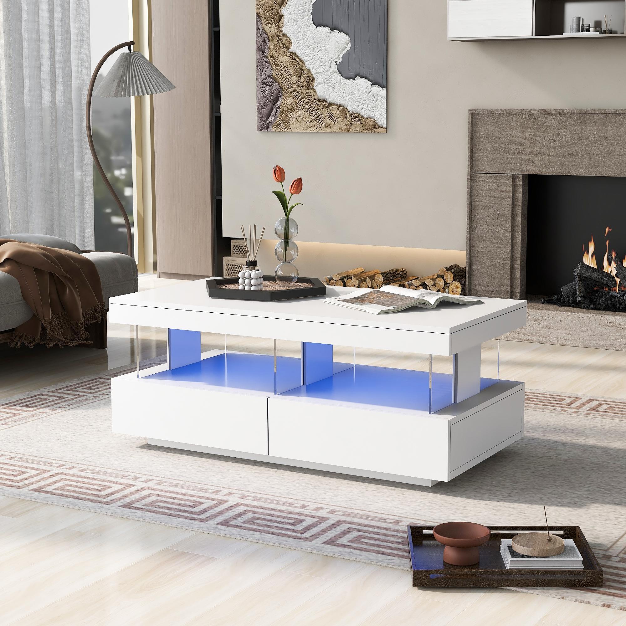 White High Gloss LED Coffee Table, Tea Table With 16 Colors LED Lights, Coffee Table With 2 Drawers And Open Storage Space, Rectangular Table For Office,Store And Living Room 100x60x49.5cm