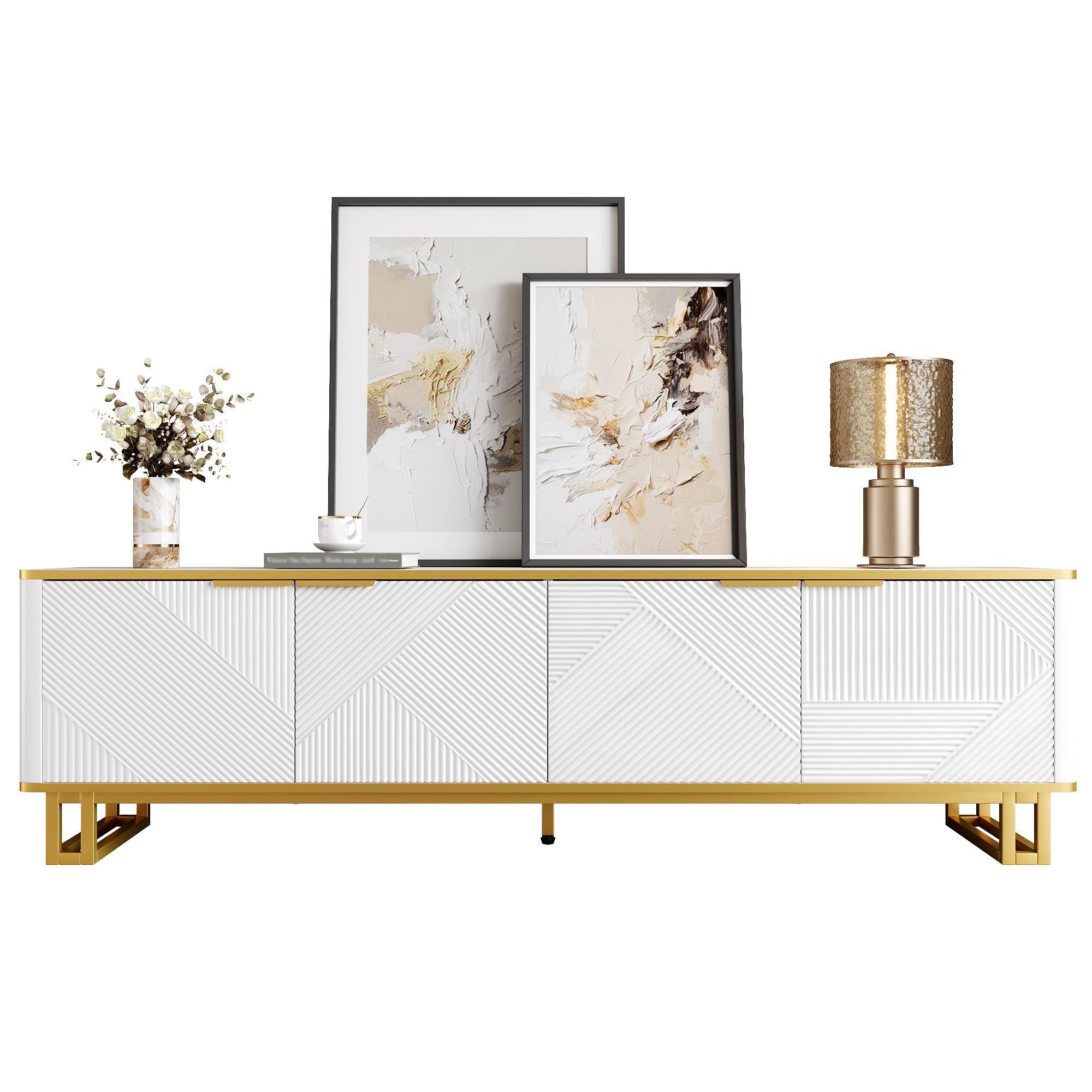 TV Cabinet With Four Doors, TV Stand, TV Panel, Low TV Stand. Unique Design, Geometric Texture. 160 X 37.5 X 48 Cm  L X W X H