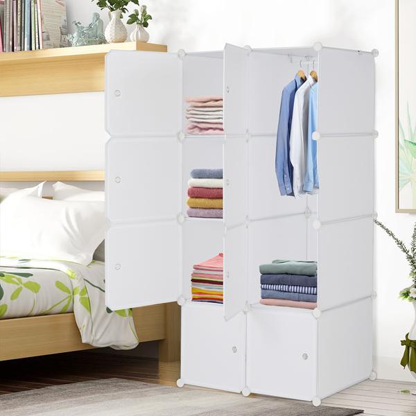 Deepened 4-layer 8-compartment Cube-shaped Wardrobe With 1 Hanging Rod, Plastic And Steel Wire, 72x47x142cm, Natural White Door, Natural White Cabinet Body, N001, Freely Assembled, DIY Style.
