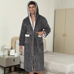 Thick Night-robe Flannel Mens Long Hooded Lace Bathrobe