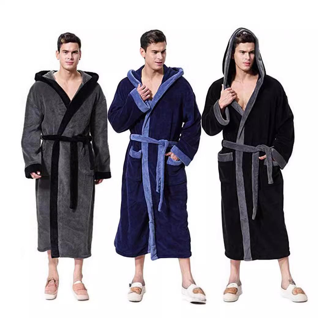 Mens Simple Colorblock Hood Patch Pocket Bathrobe