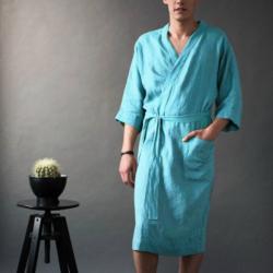 Mens And Womens Long Solid Color Linen Pajamas Robe Bathrobe