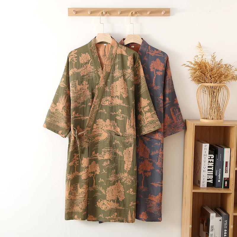Mens Cotton Gauze Kimono Long Dress Bathrobe