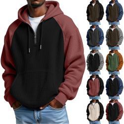 Color-block Waffle-knit Long-sleeve Hooded Jacket