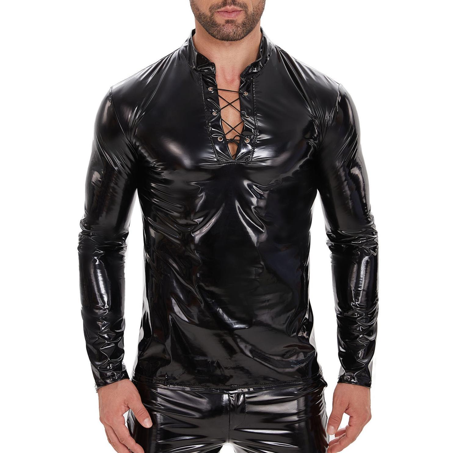 Mens Shiny Leather Long-sleeve Casual Top