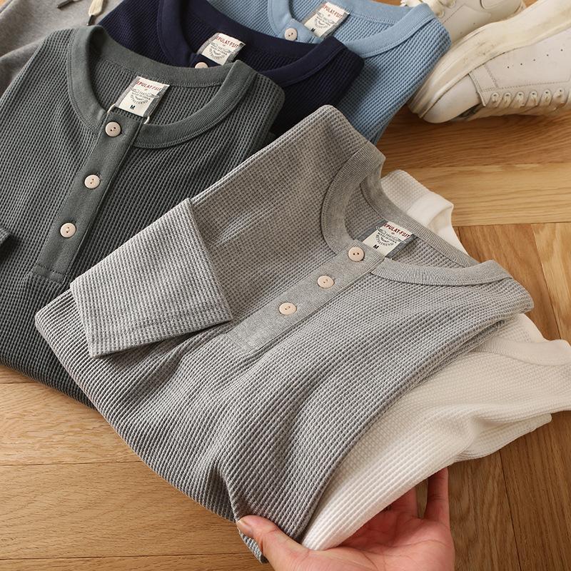 European And American Mens Cotton Waffle-Weave Long-Sleeve T-Shirt Base Layer