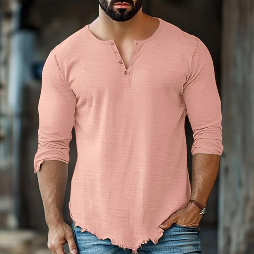 Fashionable Mens Casual Solid-Color Four-Button Long-Sleeve T-Shirt