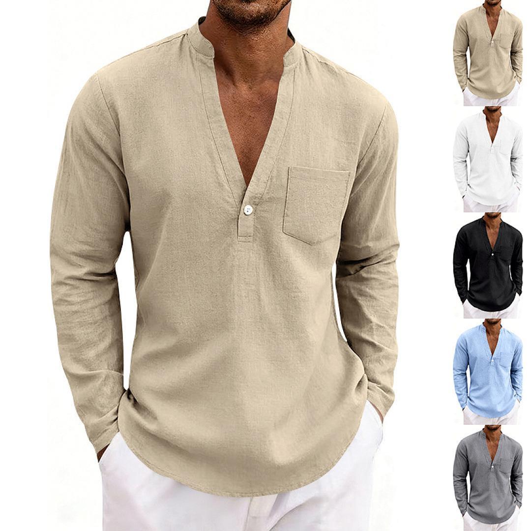 SpringAutumn Loose Linen Mens Casual Breathable Long-Sleeve