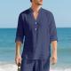 Autumn Linen Mens Long-Sleeve T-Shirt With Stand Collar And Buttons